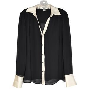 Vintage Cache Sheer Black Top with Off-White Silk Blend Detailing, size small